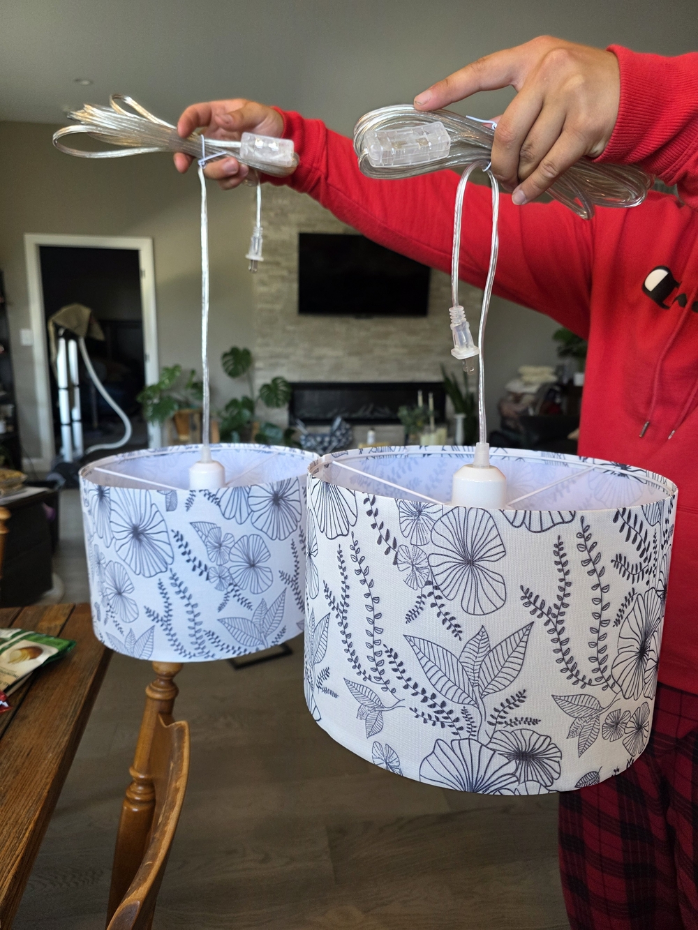 Floral Print Hanging Pendant Lamp Shade - White and Navy